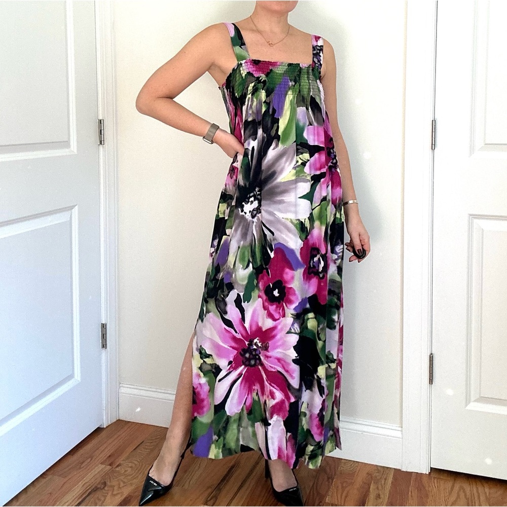 Printed Smocked Maxi Dress With Side Slit